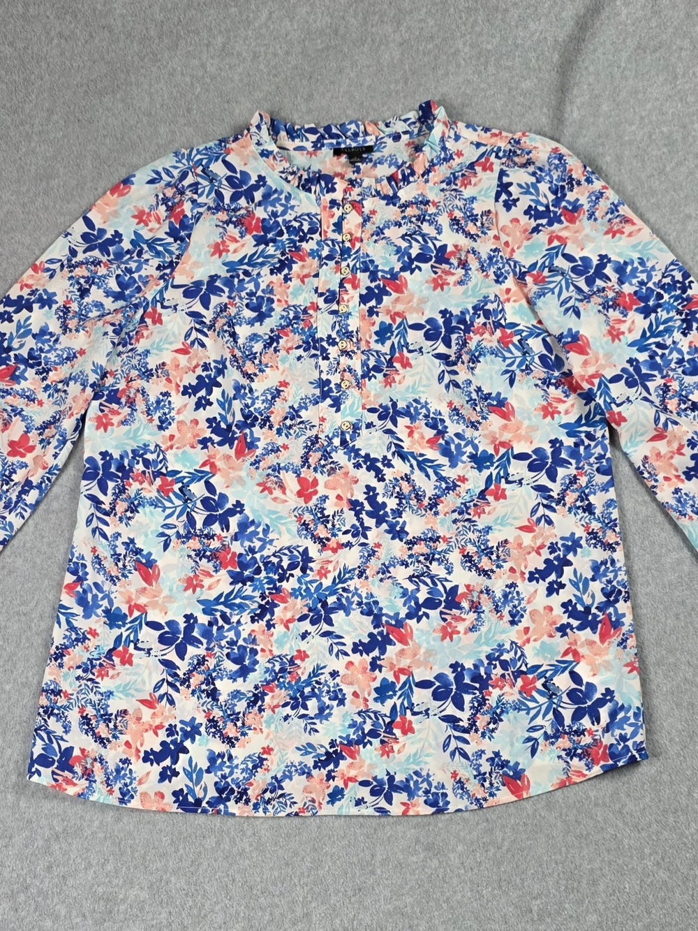 Talbots Floral Long-Sleeve Henley Shirt - Blue & Coral